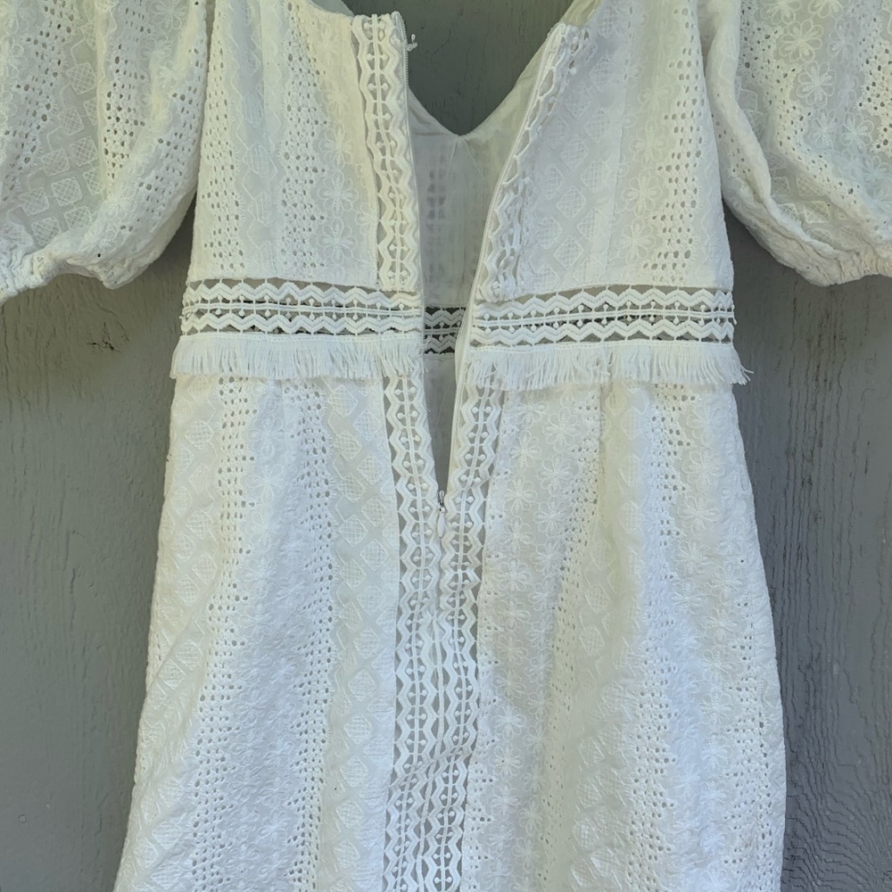 ESTHER White Lace Puff Sleeve Lined Mini Dress Sz S/8 Elegant Eyelet - Picture 15 of 16